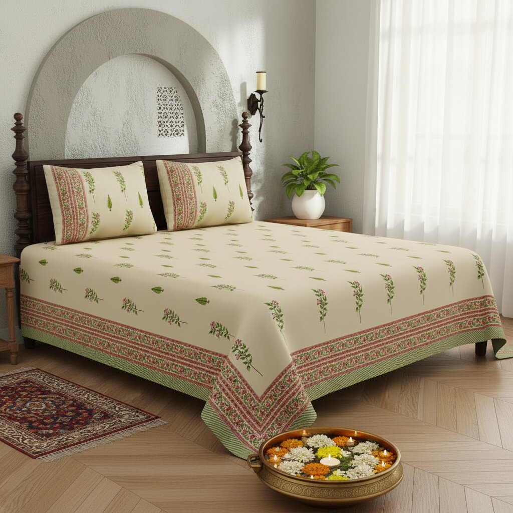 Warm Beige Base Pink & Green Botanical Hand Block Print King Size Bedsheet | 400 TC 100% Pure Cotton