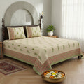 Warm Beige Base Pink & Green Botanical Hand Block Print King Size Bedsheet | 400 TC 100% Pure Cotton