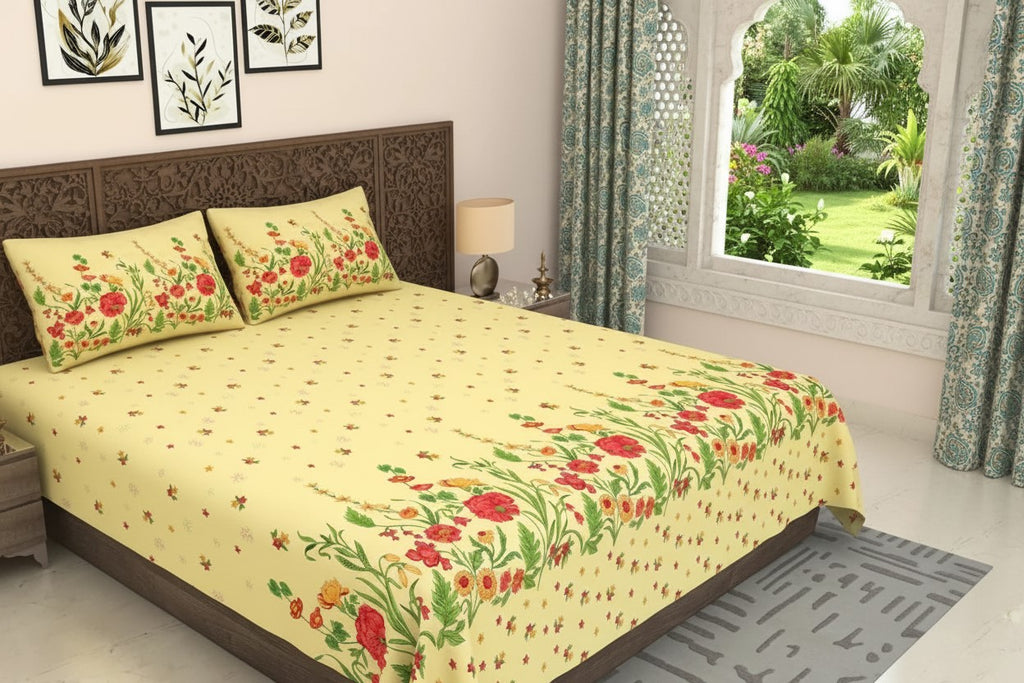 Pale Yellow Poppies in Bloom Pure Cotton King Size Bedsheet