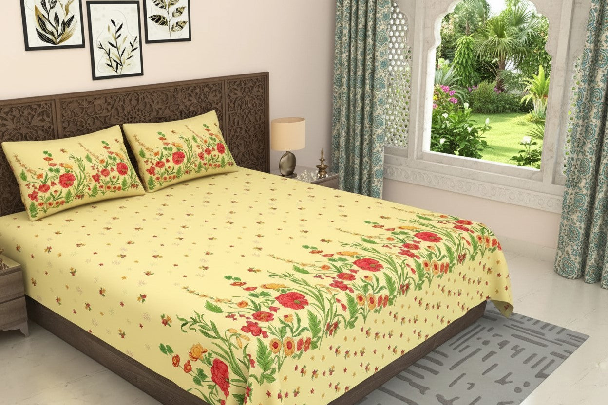 Pale Yellow Poppies in Bloom Pure Cotton King Size Bedsheet