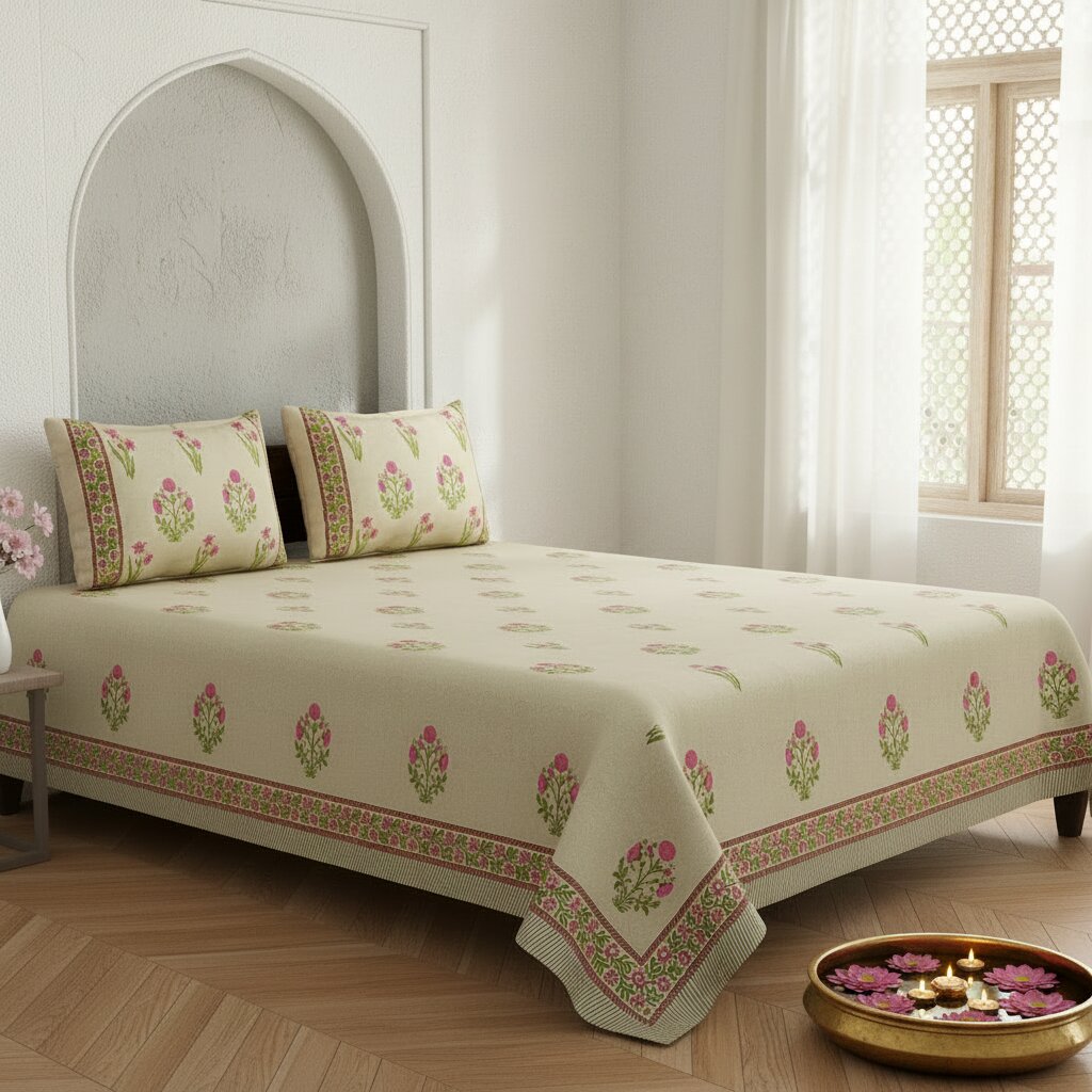 Sand Base Bright Pink Floral Hand Block Print King Size Bedsheet | 400 TC 100% Pure Cotton | Set of 3