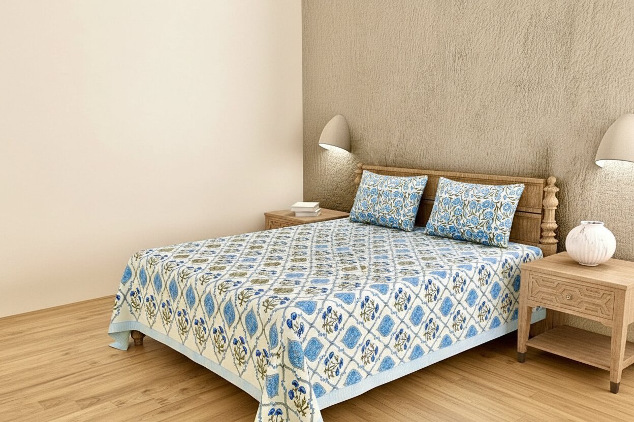 MVB Ultra Premium Block Print King Size Bed Sheet Set | 400 TC | 100% Pure Cotton | 3 Pcs