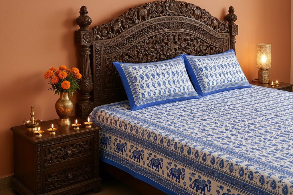 Double Bedsheet Paisley Sky Blue with Gold Print | 100% Pure Cotton | 180 TC | Set of 3 | MVB YUGVIGYANA