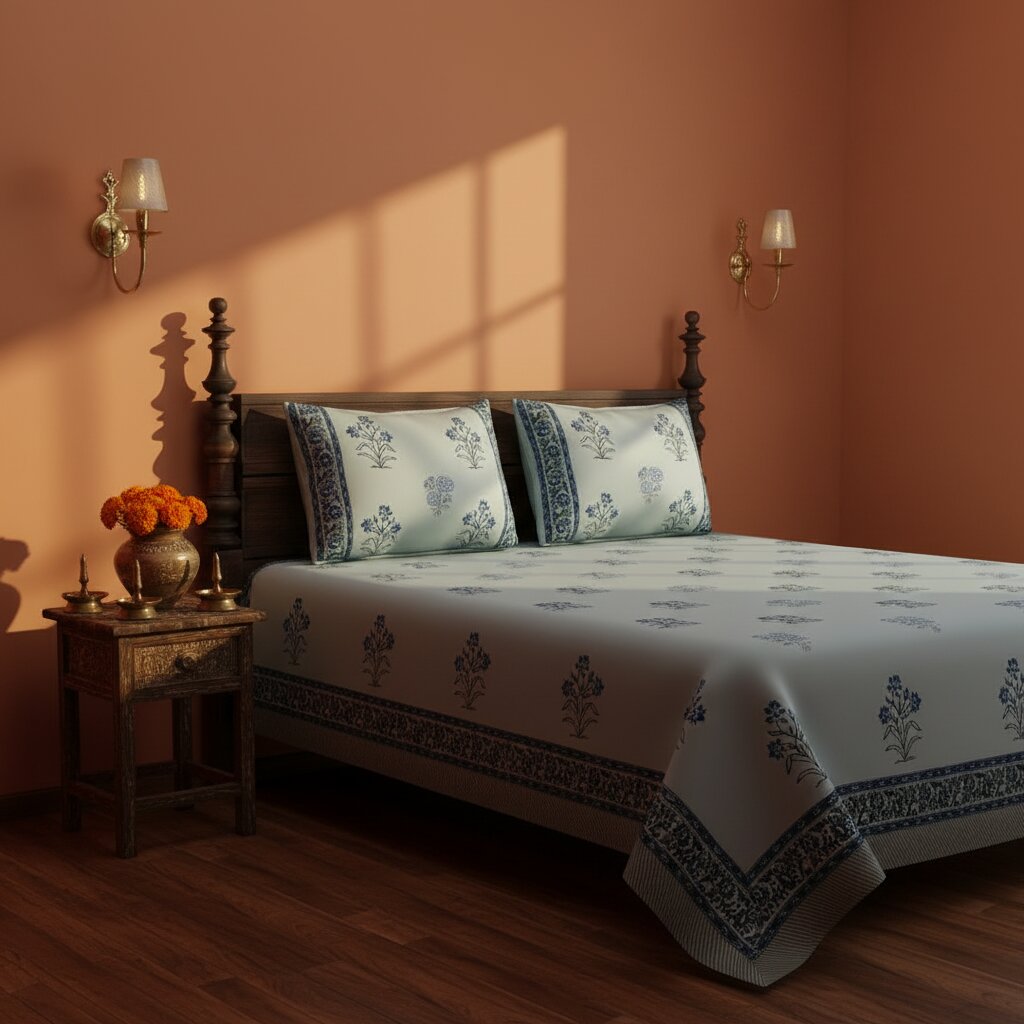 Powder Blue Indigo Floral Hand Block Print King Size Bedsheet | 400 TC 100% Pure Cotton