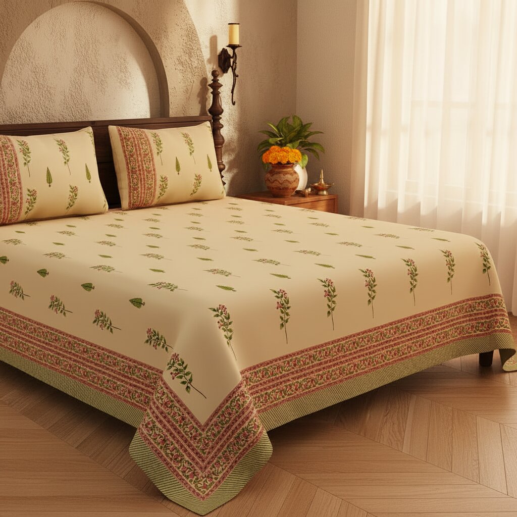 Warm Beige Base Pink & Green Botanical Hand Block Print King Size Bedsheet | 400 TC 100% Pure Cotton