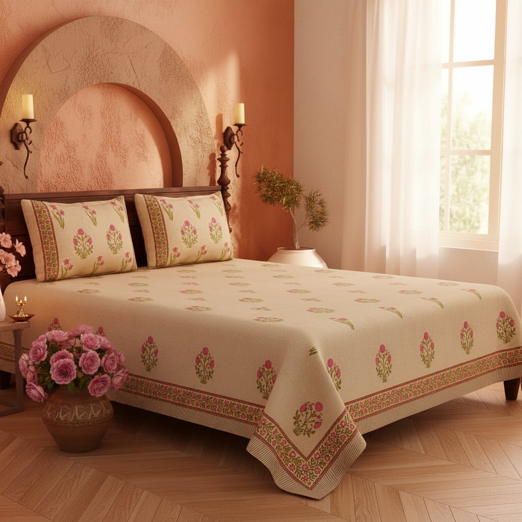 Sand Base Bright Pink Floral Hand Block Print King Size Bedsheet | 400 TC 100% Pure Cotton | Set of 3