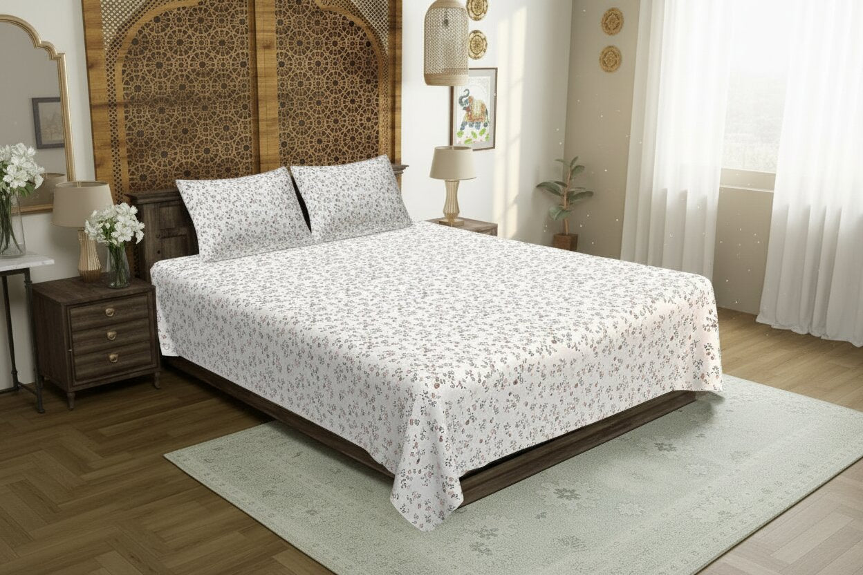 Nocturnal Vernal Petals Double Bedsheet | Premium Floral Cotton Bedsheet with 2 Pillow Covers