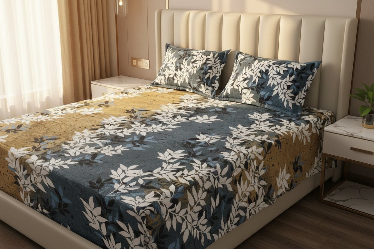 MVB Midnight Gold Vine | Super Soft Velvet Double Bedsheet with 2 Pillow Covers