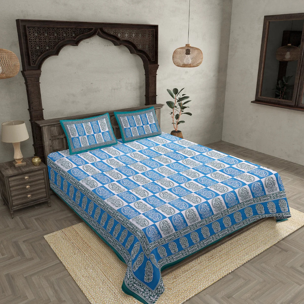 Double Bedsheet Sky Blue Checkered Design | 100% Fine Cotton | 240 TC | Set of 3 | MVB YUGVIGYANA