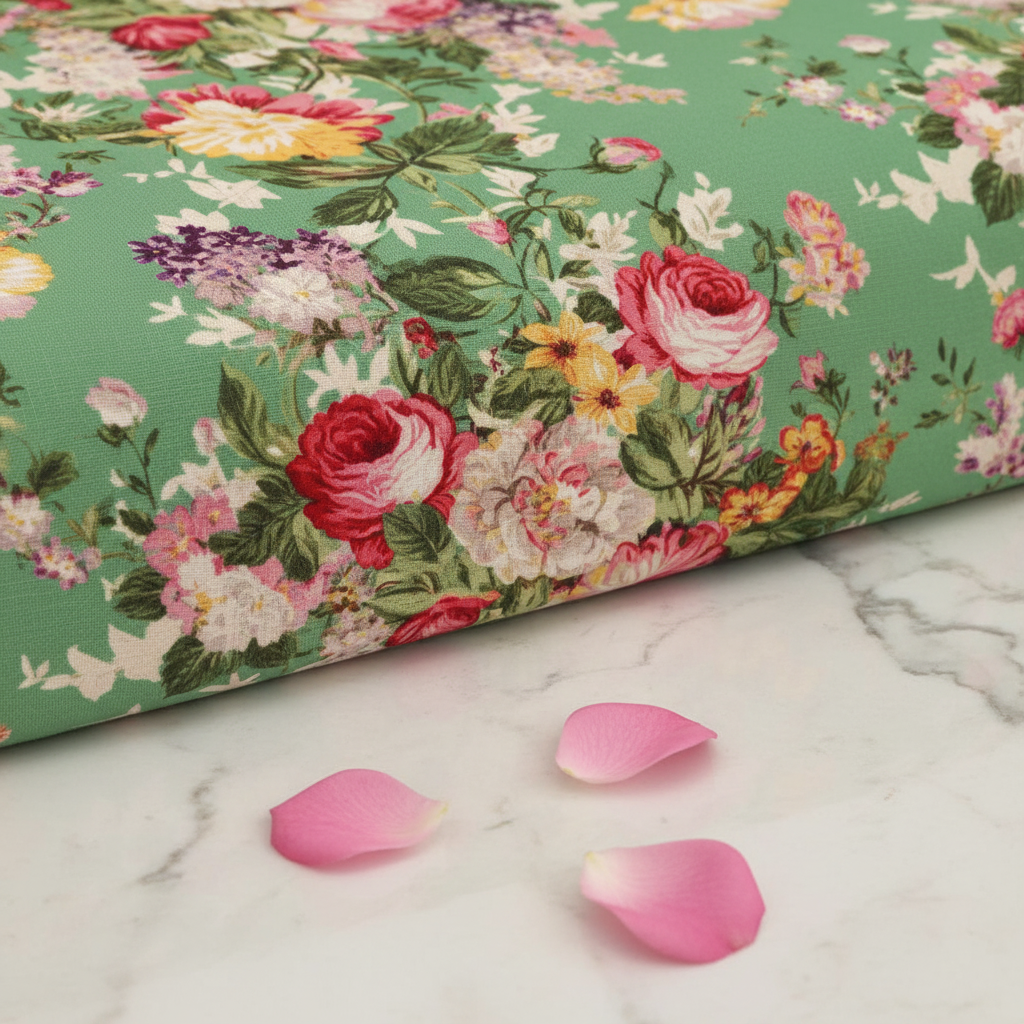 Emerald Green Floral Bedsheet - Close Up Fabric Detail