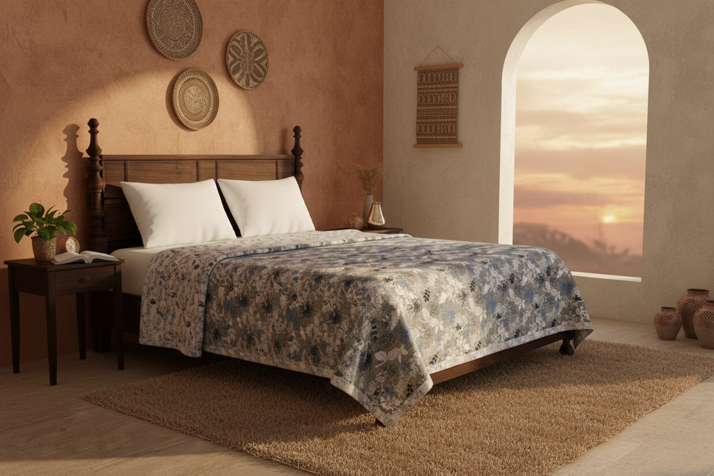 Blue Dohar on Dark Walnut Bed - Lifestyle