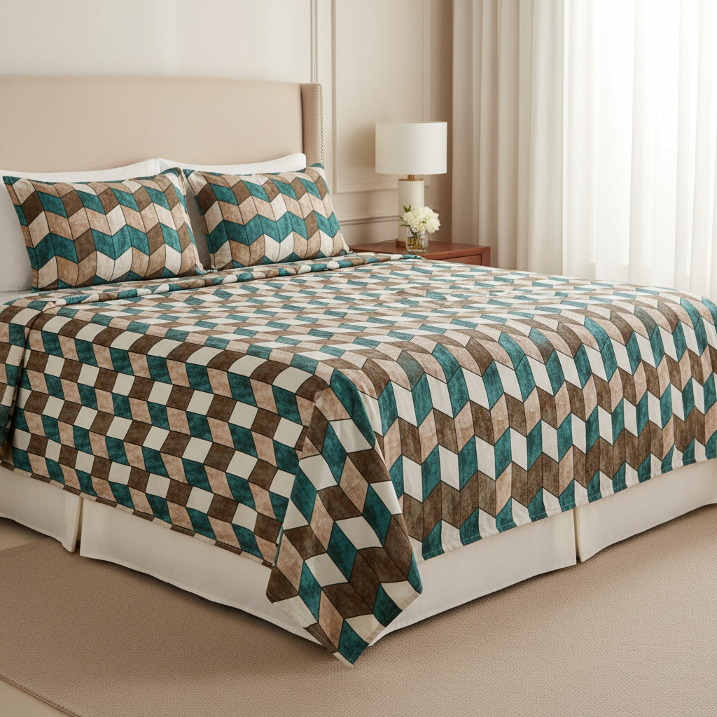 MVB Cube Illusion Velvet Bedsheet - Luxury Cream King Bed