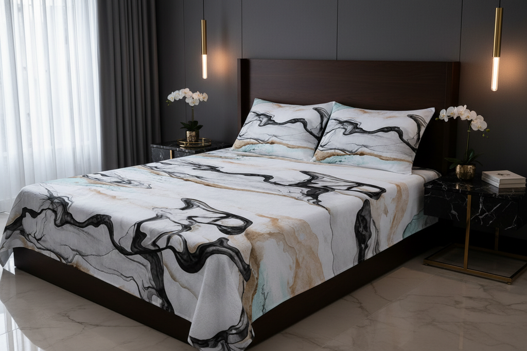 Jet Stone Current Double Bedsheet in dark charcoal luxury bedroom