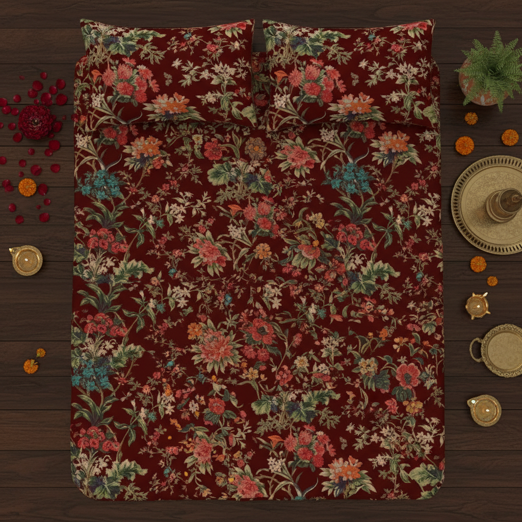 Deep Wine Floral Bedsheet - Flat Lay with Ethnic Props