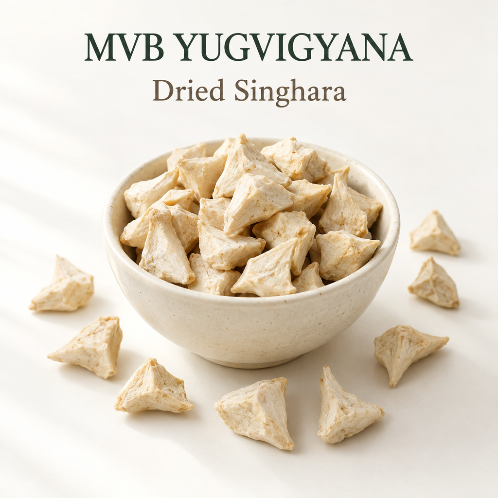 Illustrative MVB YUGVIGYANA dried peeled singhara concept, not actual stock photography