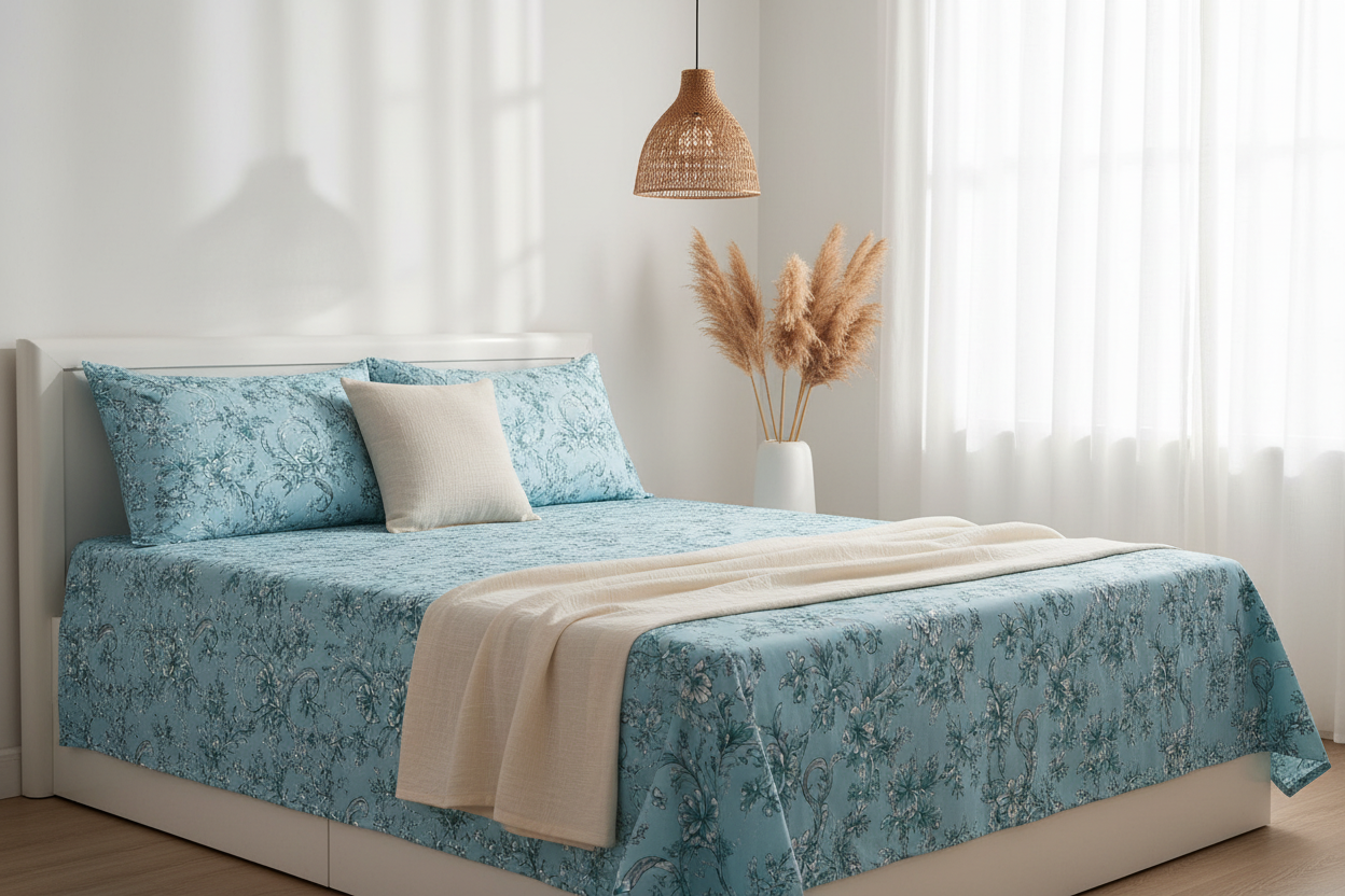 Cyan Ivy Trellis Double Bedsheet in Scandinavian white bedroom