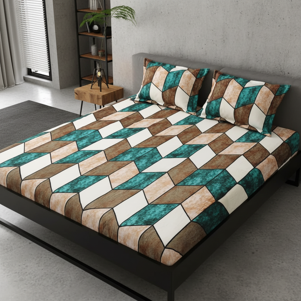 MVB Cube Illusion Velvet Bedsheet - Black Metal Bed