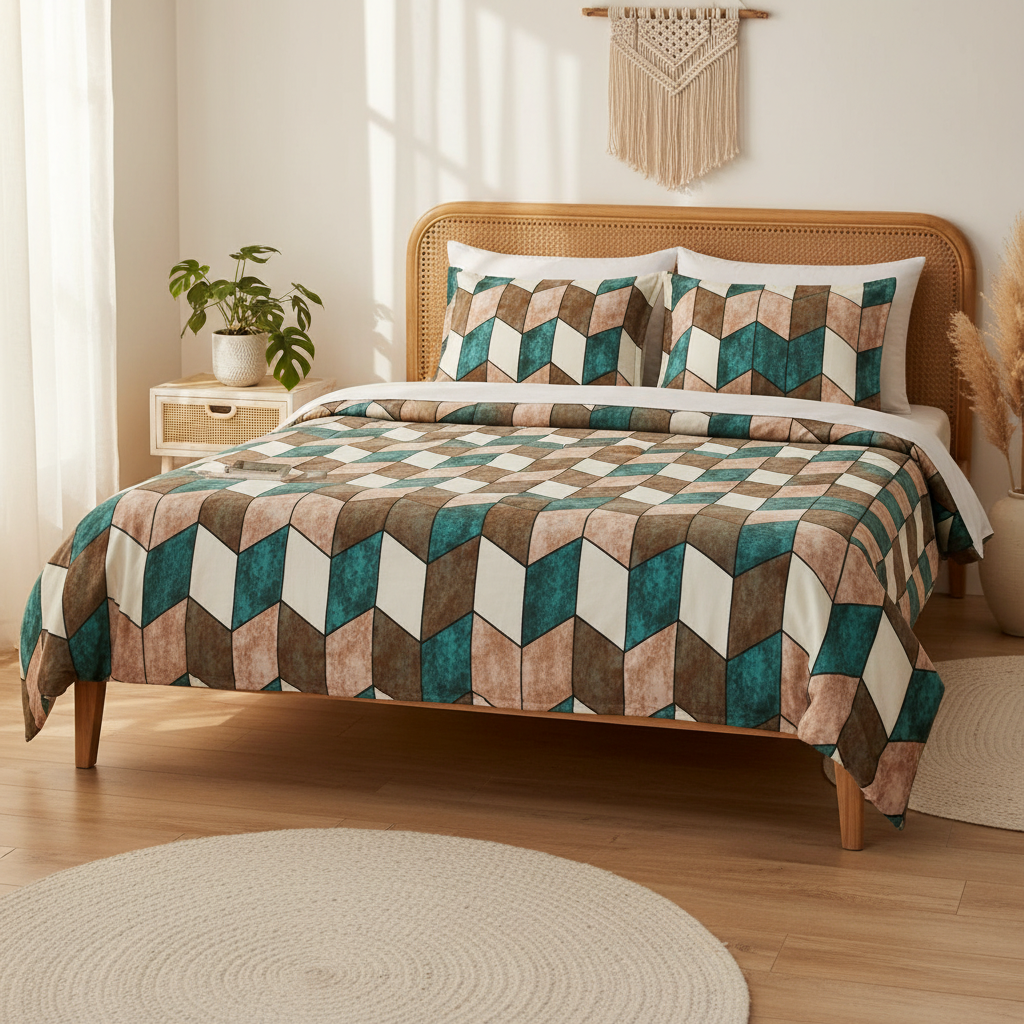 MVB Cube Illusion Velvet Bedsheet - Rattan Cane Bed