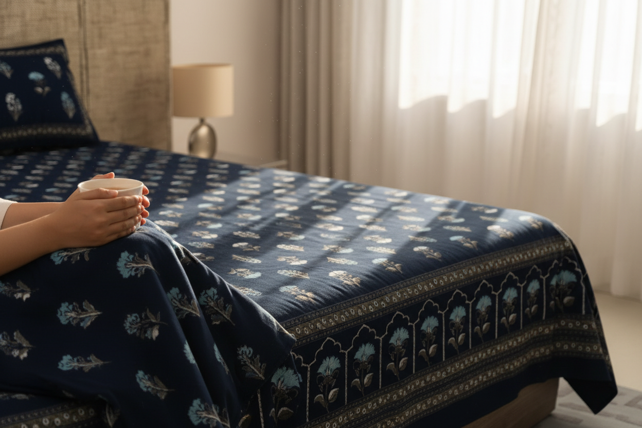 Navy Blue Bedsheet - Lifestyle Morning