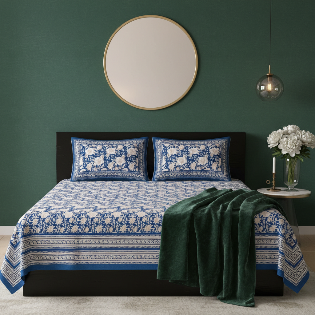 Royal Blue Bedsheet - Forest Green Wall Setup