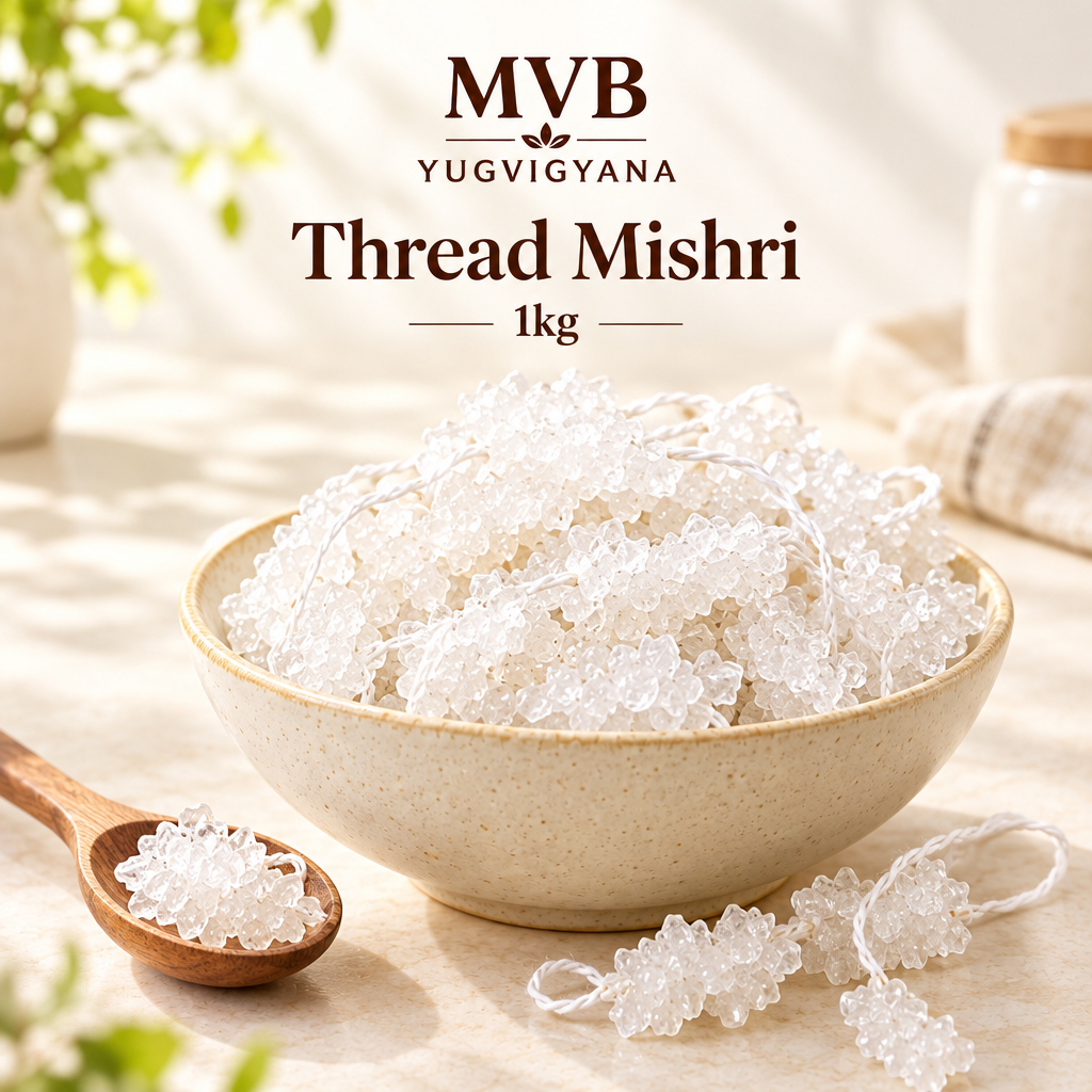 MVB YUGVIGYANA Thread Mishri sugar crystals in a cream bowl, alternate close-up