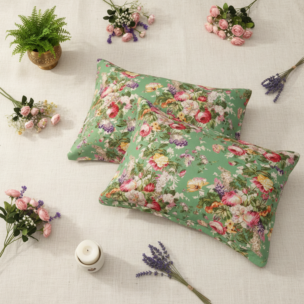 Emerald Green Floral Bedsheet - Flat Lay with Props