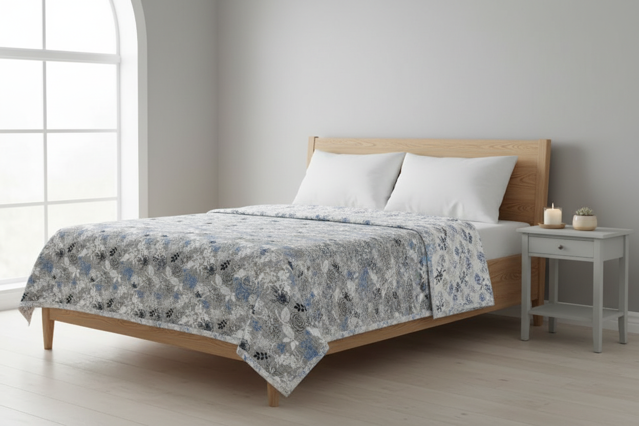 Blue Dohar on Light Oak Bed - Lifestyle