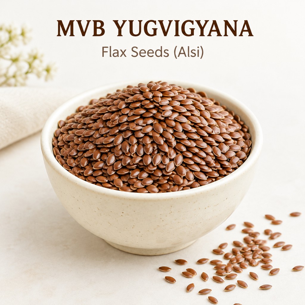 Illustrative concept of brown flax seeds in a cream bowl, MVB YUGVIGYANA
