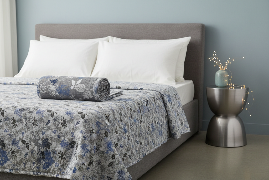 Blue Dohar on Grey Upholstered Bed - Lifestyle