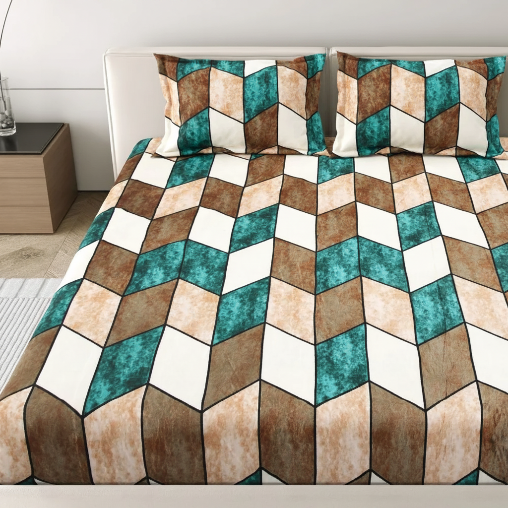 MVB Cube Illusion Velvet Bedsheet - White Upholstered Bed Lifestyle