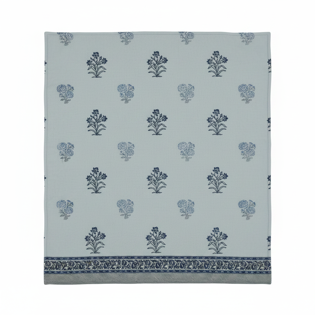 Powder Blue Indigo Floral Hand Block Print King Size Bedsheet - Flip Side