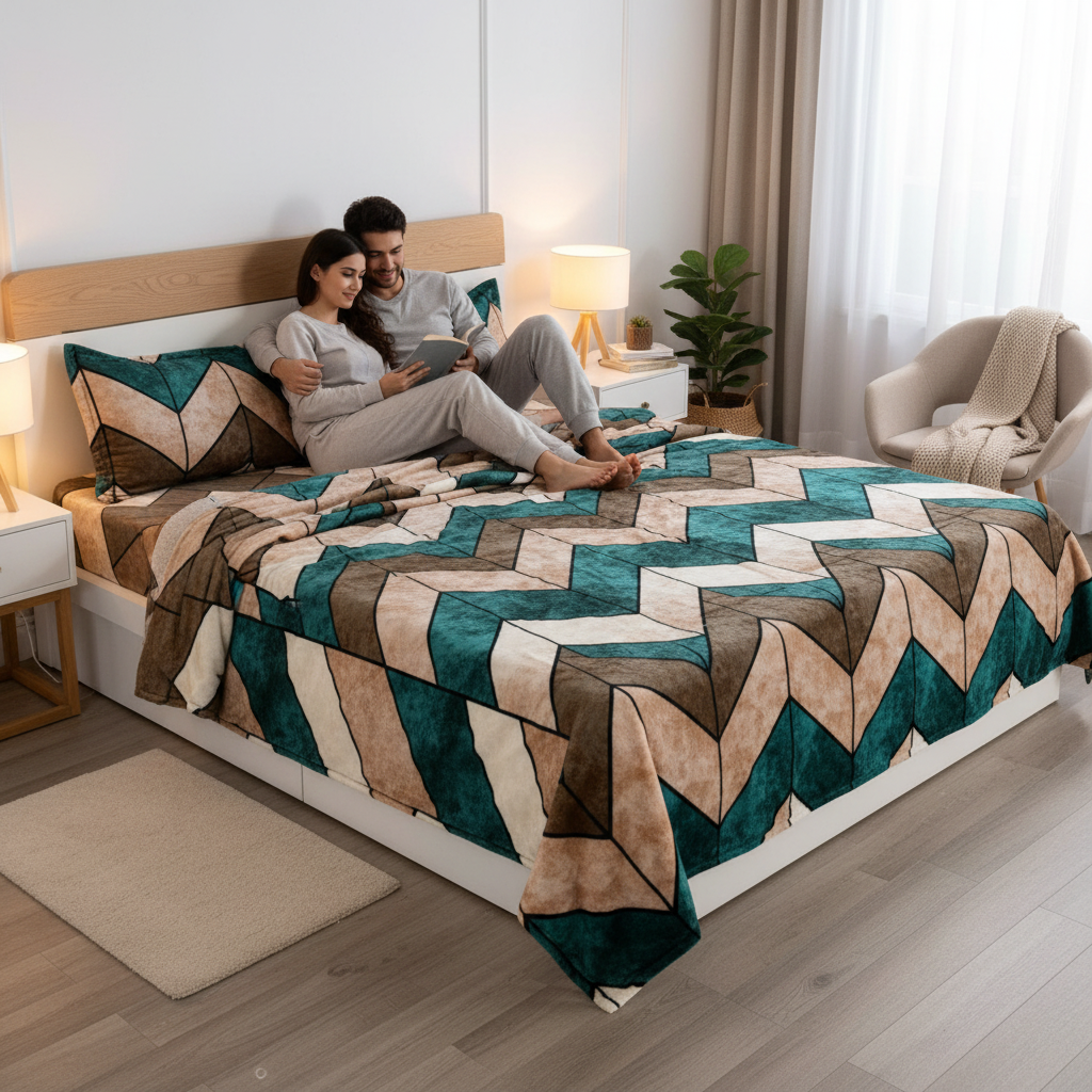 MVB Cube Illusion Velvet Bedsheet - Warm Evening Lifestyle