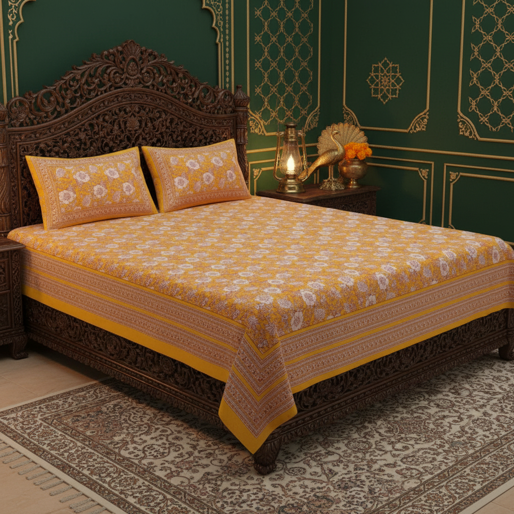 Mustard Yellow Bedsheet Mughal Emerald Room
