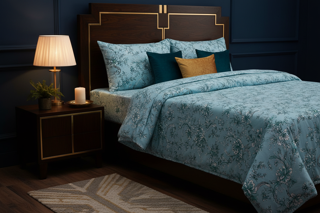 Cyan Ivy Trellis Double Bedsheet in navy art deco bedroom