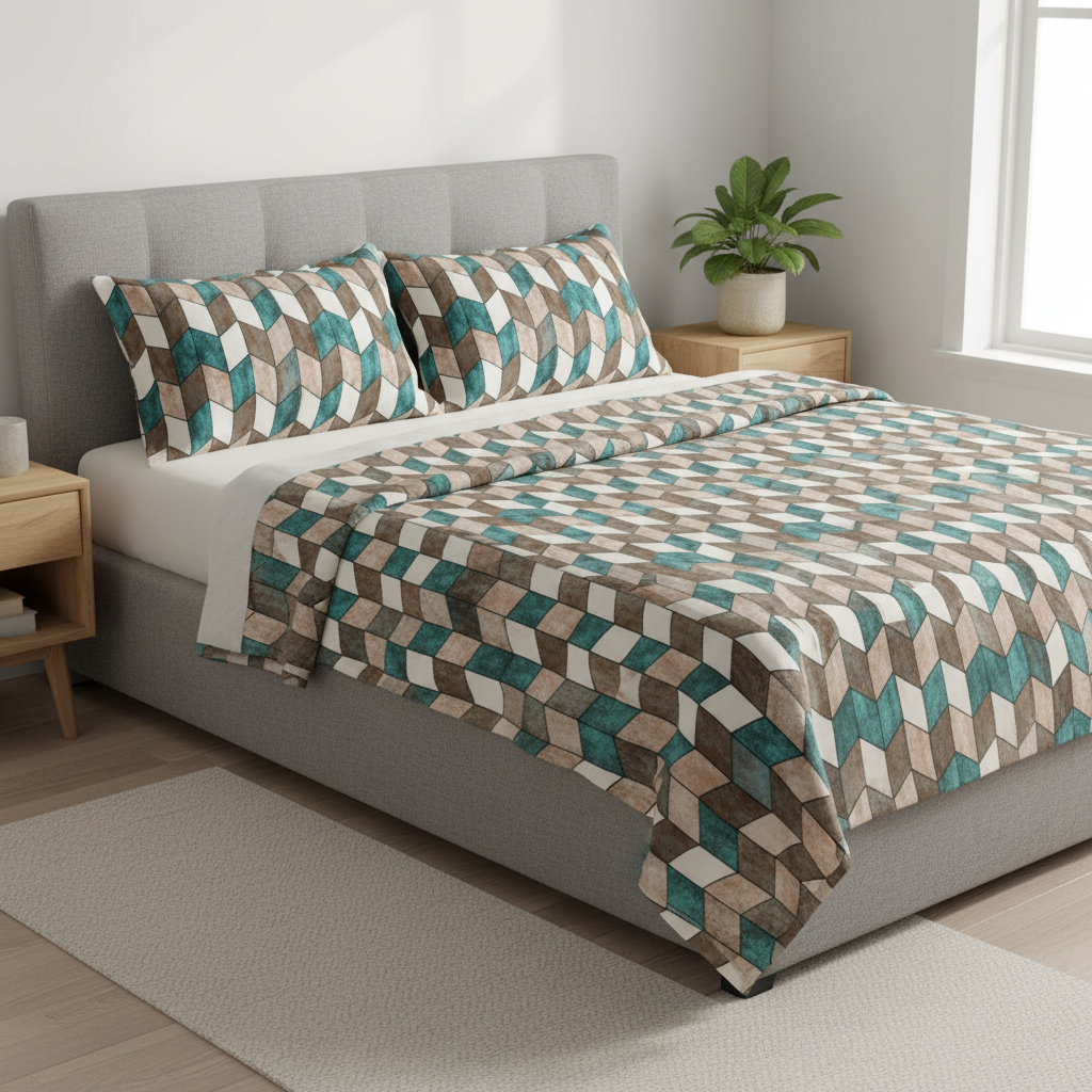 MVB Cube Illusion Velvet Bedsheet - Grey Platform Bed