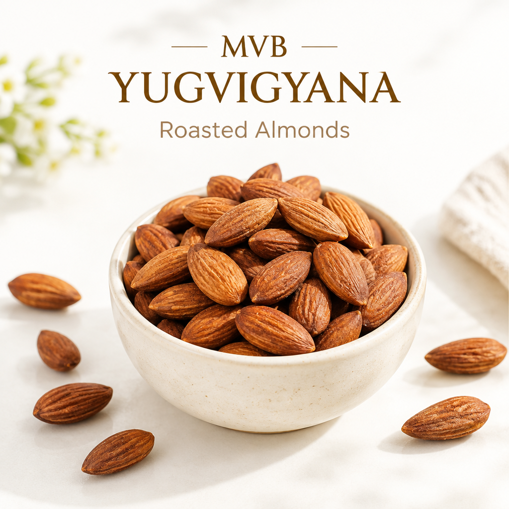 Illustrative concept of roasted almonds in a cream bowl, MVB YUGVIGYANA