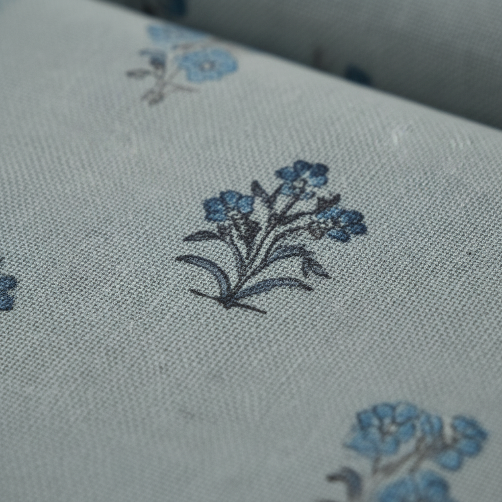 Powder Blue Indigo Floral Hand Block Print King Size Bedsheet - Close Up