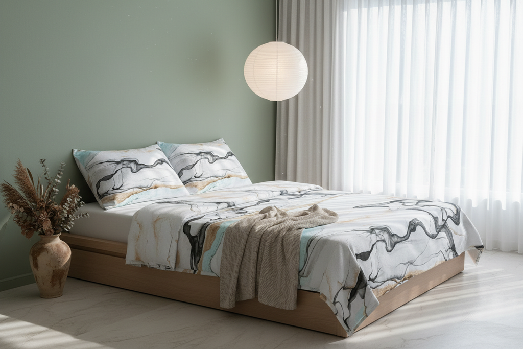 Jet Stone Current Double Bedsheet in Japandi sage green bedroom