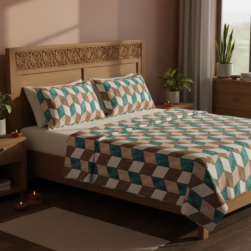 MVB Cube Illusion Velvet Bedsheet - Oak Wooden Indian Decor Bed