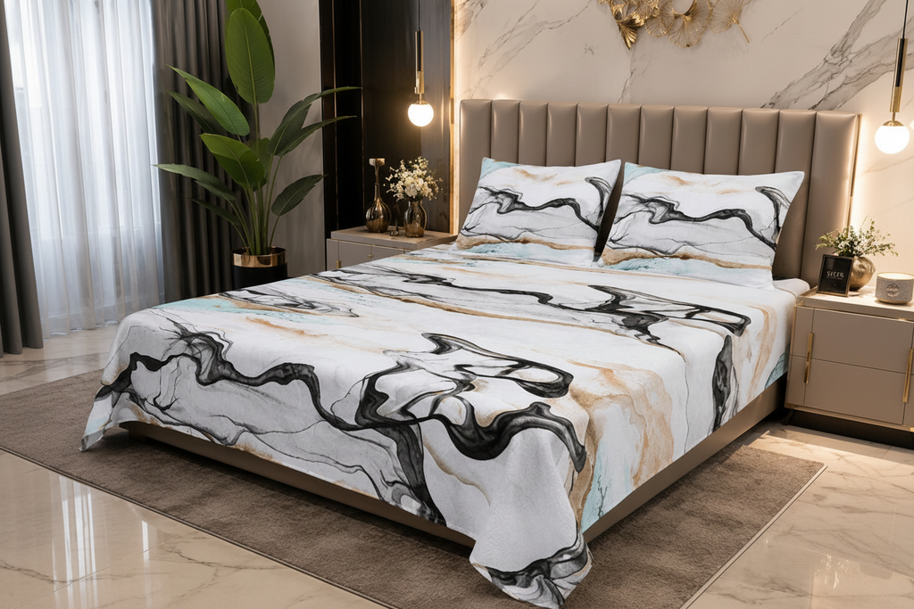 Jet Stone Current Double Bedsheet in ivory contemporary luxury bedroom