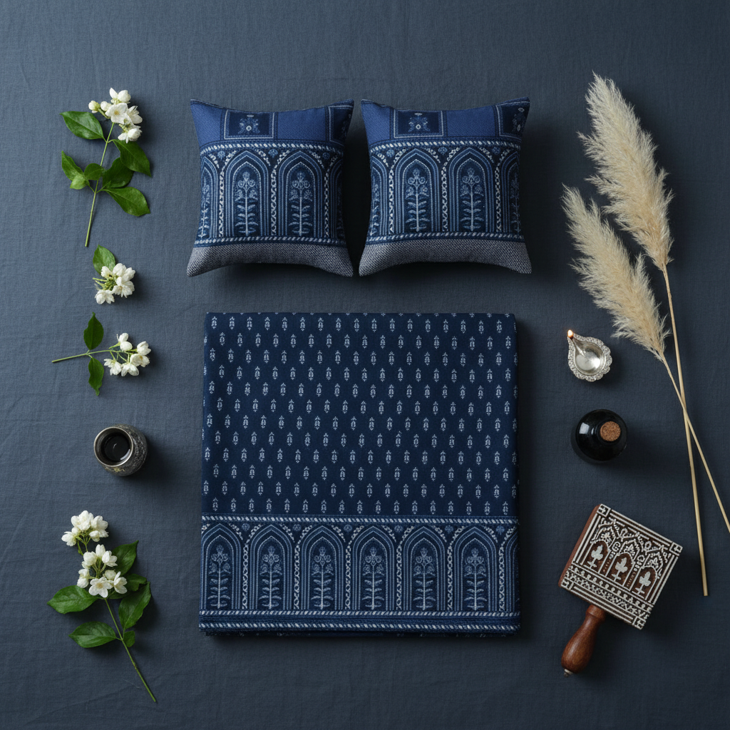 Navy Blue Mughal Bedsheet - Flat Lay with Artisan Props