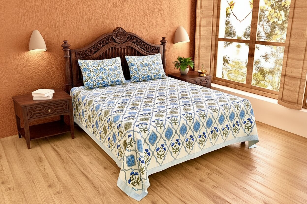 MVB Ultra Premium Block Print King Size Bed Sheet Set | 400 TC | 100% Pure Cotton | 3 Pcs