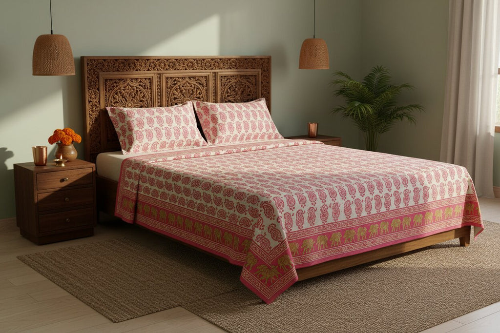 MVB Double Bedsheet – Paisley Watermelon Pink with Gold Print | 100% Pure Cotton