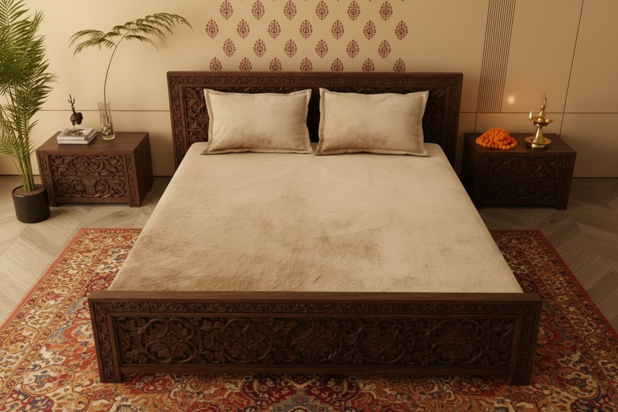 MVB Luxurious Super Soft Velvet Double Bedsheet with Matching Pillow Covers