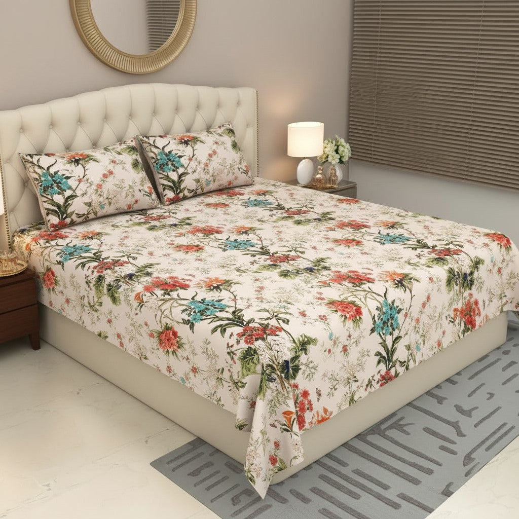 Off-White Tropical Floral Bouquet Pure Cotton King Size Bedsheet