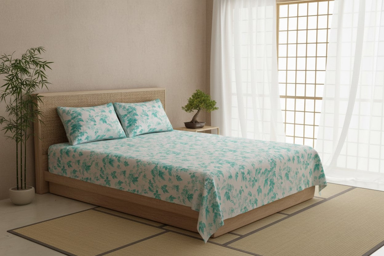 Aqua Leafy Vine Floral Pure Cotton King Size Bedsheet | Soft & Breathable | With 2 Pillow Covers