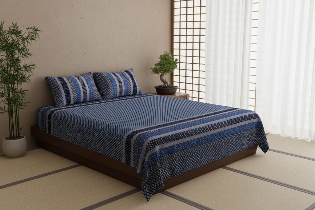 Dark Blue Geometric Stripe & Chevron Pure Cotton King Size Bedsheet
