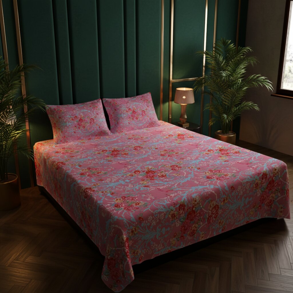 Rose Garden Bliss Double Bedsheet | 160 TC Poly Cotton | 2 Pillow Covers