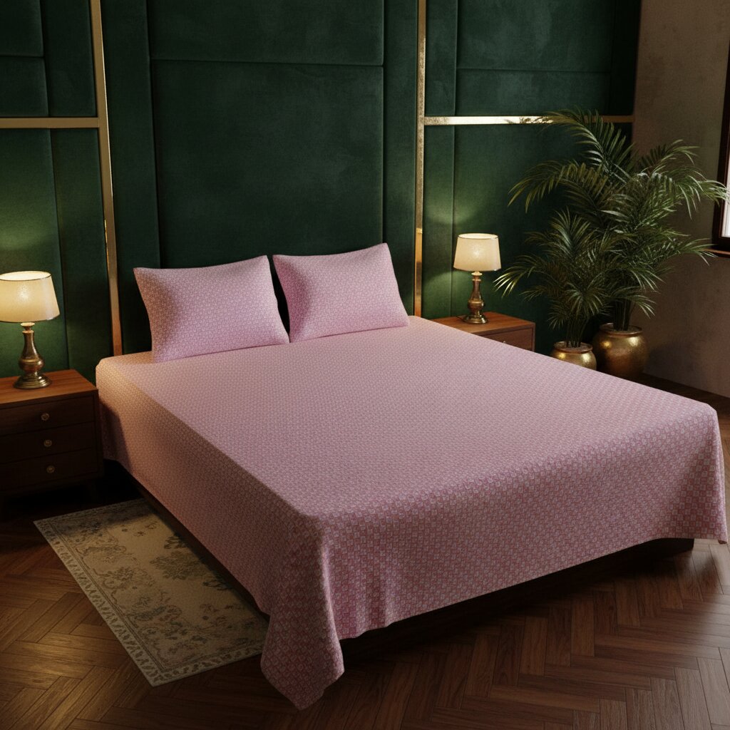 Rose Structured Web Double Bedsheet | Premium Pink Geometric Cotton Bedsheet with 2 Pillow Covers