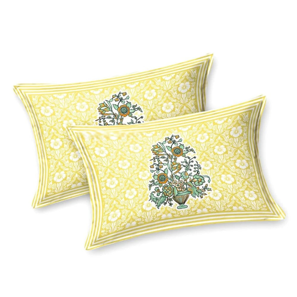 MVB Jaipuri Gamla Lemon Yellow King Size Bed Sheet Set | 280 TC | 100% Pure Cotton | 3 Pcs